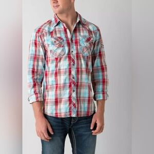 Buckel BKE Vintage Men's Wing Red and Blue Plaid Shirt Size L